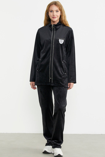 Sementa Velvet Stand Collar Tunic Tracksuit Set - Black