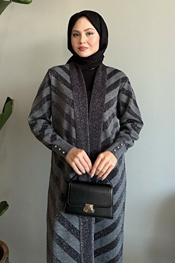 InStyle Glitter Detailed Anthracite Knitwear Jacket