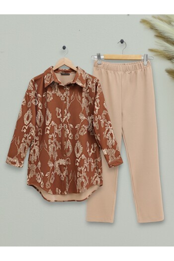 Modamorfo Patterned Double Set with Buttons - Tan