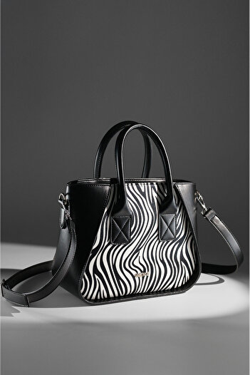 Rimense Women's Black and White Zebra Pattern Long Strap Lined Hand and Shoulder Bag