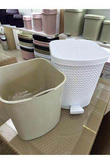 LeesHome 22 Lt Wicker Pedal Inner Bucket Plastic Trash Can White Lid 37X30X38 cm