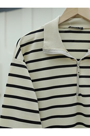Modamorfo Half-Neck Collar Zippered Striped Tunic -Black