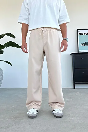 HAFKAGİYİM Beige Elastic Waist Baggy Fabric Trousers