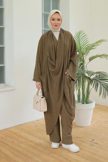 Armine Trend Degaje Double Suit with Collar Pockets, Loose Cut, Oil Green 24Kt633
