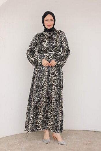 Armine Trend Leopard Patterned Dress with Belt Black 24Kt904