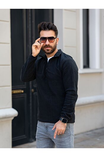 Black Sokak Men's Black Fleece Sweatshirt - Half Zipper and Chest Pocket