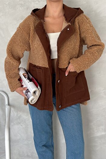 FEMELLE Women's Brown Snap Button Hooded Gabardine Plush Jacket