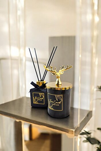 Tiem Concept Geyik Başlıklı Gold Detaylı Çubuklu 100 ml Oda Kokusu Ve Siyah Mum Seti