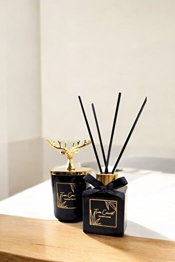 Tiem Concept Geyik Başlıklı Gold Detaylı Çubuklu 100 ml Oda Kokusu Ve Siyah Mum Seti