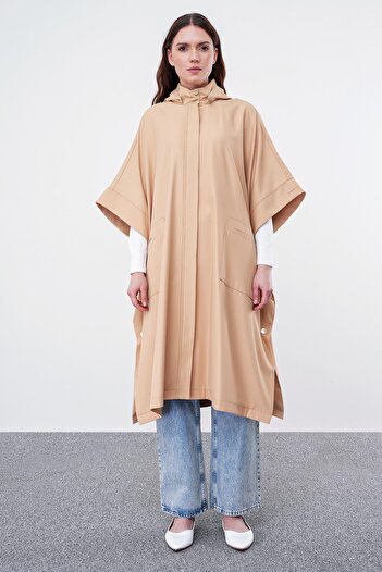 Zühre Beige Hooded Poncho - Pocket Detailed PNC-0007