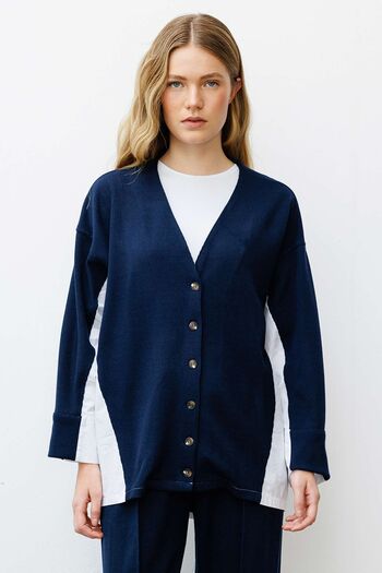 Hooopstore Poplin Knitwear Cardigan Detailed Navy Blue Trousers Set