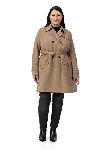 DISENTIS MODEST Plus Size Double-Breasted Sleeve Band Detailed Pocket Belted Lined Mink Trench Coat