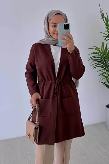 Ka Hijab Ζακέτα με διπλή τσέπη Mercerized στη μέση - Καφέ