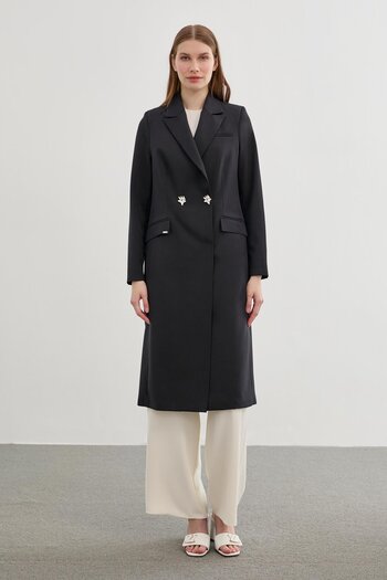 Zühre Double Breasted Collar Long Black Jacket C-0089