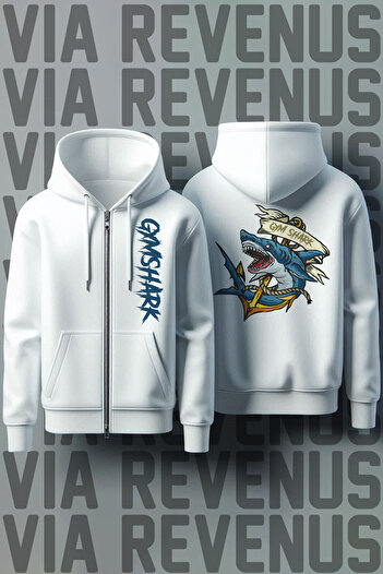 Vordevia Gym Shark Front and Back Printed Unisex Zippered Hooded White Sweatshirt Cardigan