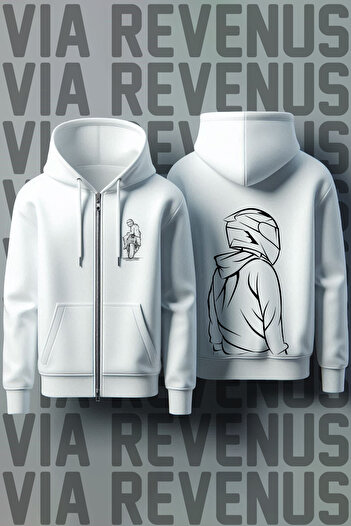Vordevia Φούτερ Biker Unisex White Hooded - Ζακέτα με φερμουάρ με στάμπα μπροστά και πίσω