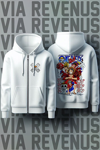 Vordevia One Piece εμπρός και πίσω με στάμπα Unisex με φερμουάρ και κουκούλα λευκή ζακέτα