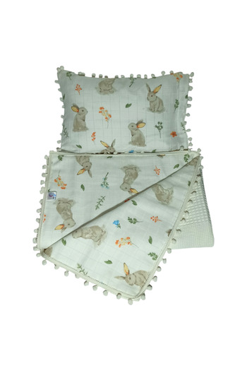 Birmelek Piqued Double Layer Pompom Muslin Blanket and Pillow Set