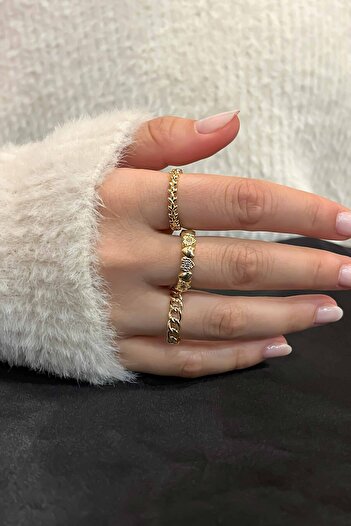 TREND COLLECTİON Zirkon Taşlı Gold Zarif Ayarlanabilir Kalp, Zincir, Yaprak Taç 3'lü Kadın Yüzük Seti