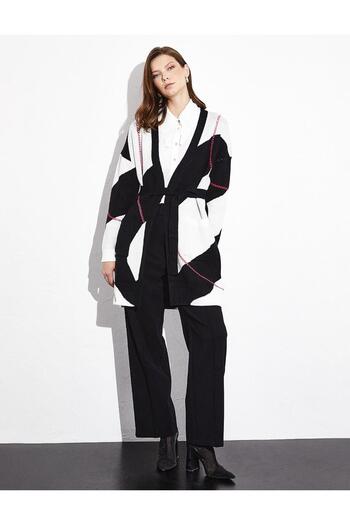 Kayra Exclusive Belted Garnished Knitwear Cardigan Black Optical White