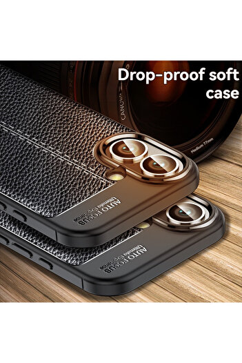 Fibaks Apple iPhone 16 Case Camera Protruding Leather Look Stitching Pattern Protective Cover Case