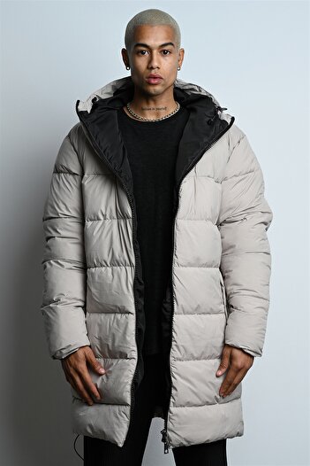 Rocqerx R-2332 Hooded Sleeve Zipper Detailed Long Puffer Jacket