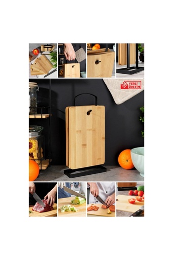 Piev Wenken 4 Pieces Bamboo Meat Fish Cheese Bread Cutting Board with Metal Stand