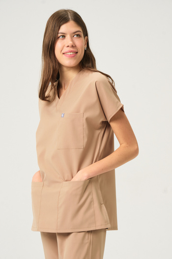 Pratik Medikal Costum de lycra Scrubs Bej cu mânecă liliac Doctor Nurse