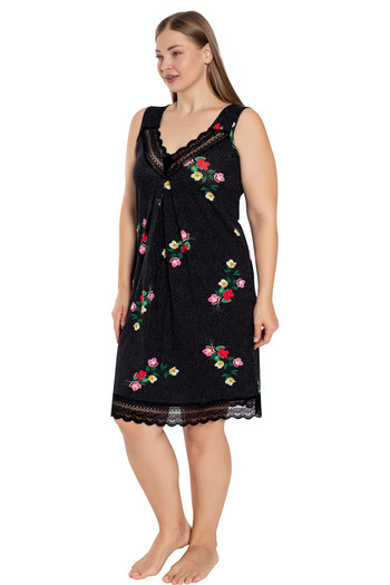 İntensive Women's Polka Dot Flower Print Black Plus Size Lace Suspender Lycra Nightgown