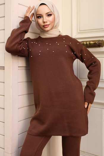 benguen 6205 Model Brown Knitwear Set - Stone Detailed