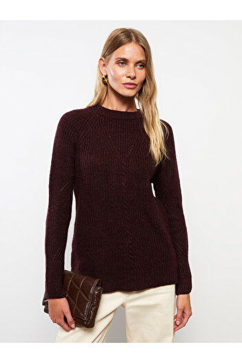 LC Waikiki Langärmliger Damen-Strickpullover mit Rundhalsausschnitt und Selbstmuster