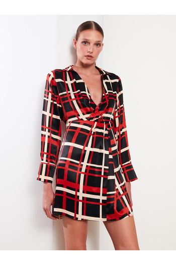 LC Waikiki Satin Women's Dress - Shirt Collar, Plaid, Long Sleeve