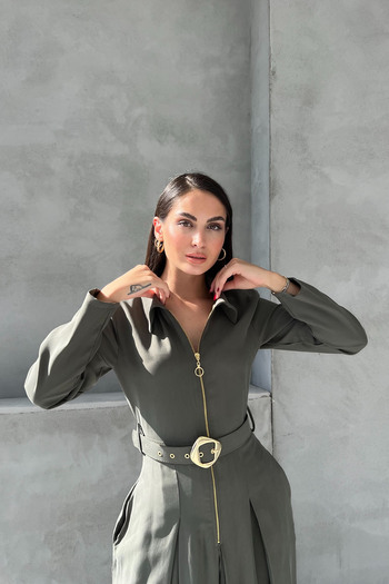 Seda Yalçın Atelier Khaki Long Dress with Zipper Detail on the Front and Belt