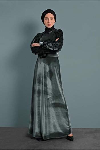Alvina Velvet Sleeves Tuly Belt Dress 40378
