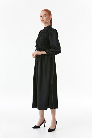 Fulla Moda Dress with Laced Front and Elastic Sleeves