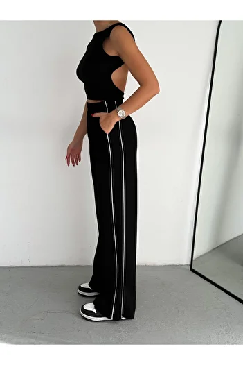 DeChival Παντελόνι Modal Fabric Φούτερ Loose Cut / Φαρδιά κομμένο παντελόνι με πλαϊνές ρίγες