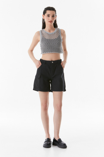 Fulla Moda Openwork Crew Neck Crop Blouse