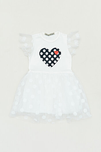 Fulla Moda Heart Printed Tulle Detailed Girl's Dress