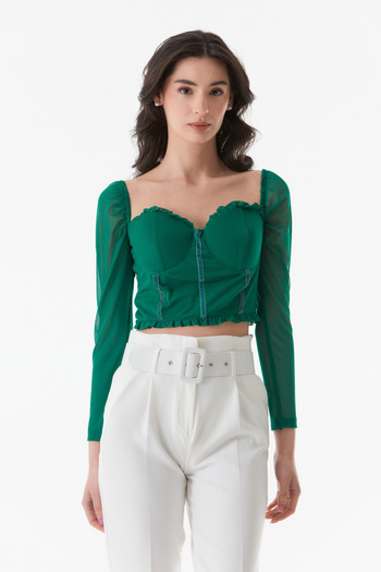 Fulla Moda Tulle Detailed Heart Collar Crop Blouse