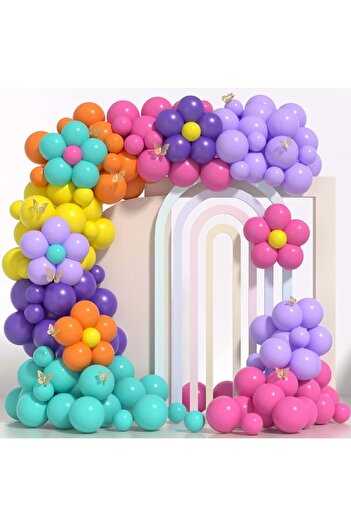 Organizasyon Pazarı Balloon Set Turquoise-Purple-Yellow-Orange-Fuchsia-Lilac Set of 60 Balloon Chain