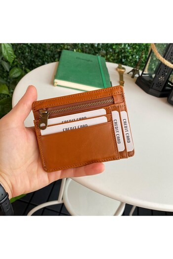 Contact’S Flerna - Ultra Thin Genuine Leather Tan Card Holder Wallet with Coin Case, Rfid Protection