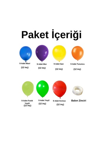 Organizasyon Pazarı Balloon Set Purple-Blue-Pistachio Green-Green-Orange-Red-Yellow Set of 60 Balloon Chain