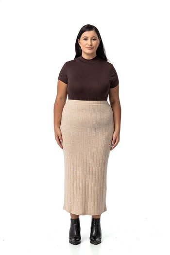 DISENTIS MODEST Large Size Elastic Waist Ribbed Knitwear Beige Skirt