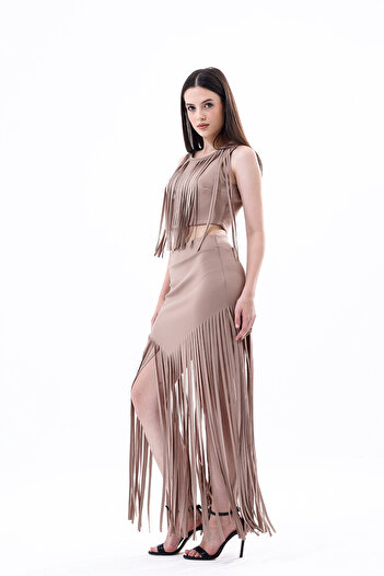 Sense Fusta rochie de seara cu ciucuri de scuba culoare piatra - Etk33855