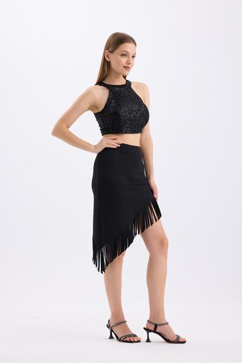 Sense Az Symmetrical Black Evening Dress - Fringed Skirt Etk35737