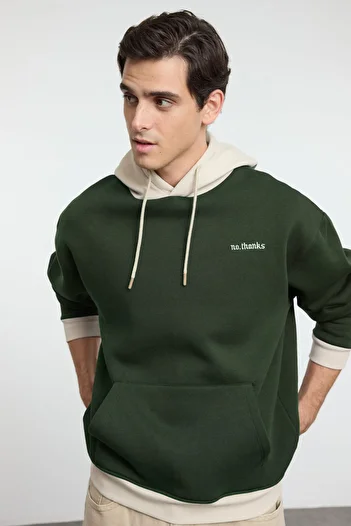 Trendyol Collection Oversize Hooded Fleece Khaki Sweatshirt - Color Block Embroidery, Tmnaw25Sw00067