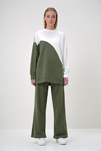 Trend Alaçatı Stili Women's Khaki Crew Neck Color Block Two Thread Bottom-Top Suit Alc-X12888