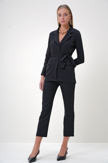 Trend Alaçatı Stili Kadın Siyah İçi Astarlı Blazer Ceket Ve Pantolonlu Alt Üst Takım ALC-X12900