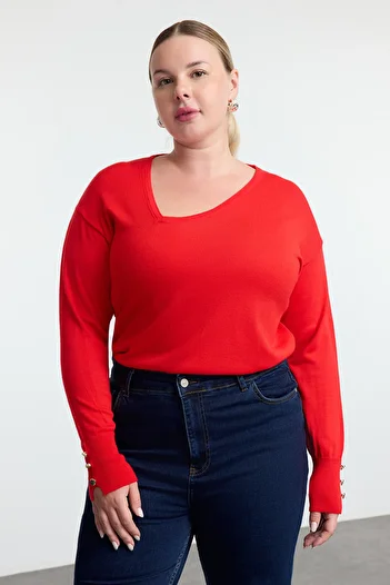 Trendyol Curve Asymmetric Collar and Buttoned Sleeves Red Knitwear Sweater - Tbbaw25An00055