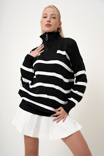 VAGGON Black Zippered Striped Knitwear Sweater - Winter Prm1078